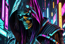 Futuristic Cyberpunk Death Or Grim Reaper With Vibrant Neon Armor And Cyber Enhancements.