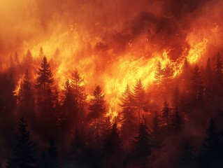 Canvas Print - Flames on pine trees in the forest. Forest fire