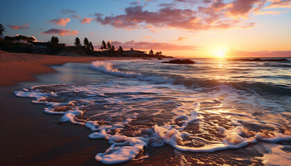 Wall Mural - Sunset over the tranquil coastline, nature beauty reflected in water generated by AI