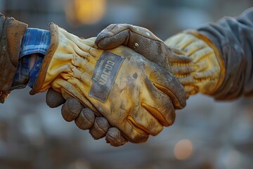 Wall Mural - Close up of construction worker's hands in gloves greeting each other with handshake