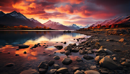 Wall Mural - Majestic mountain peak reflects tranquil sunset on water generated by AI