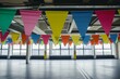 colorful banners above deserted openplan office