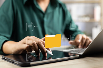 Fototapete - Document management system concept (DMS), Businessman working laptop virtual screen icons folder and document management system, Software for archiving, Searching and managing files corporate document