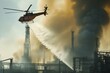 helicopter dropping water on massive factory conflagration