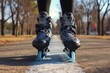 feet in rollerblades at a park paths start line