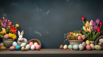 frohe ostern hintergrund panorama banner gruÃŸkarte - osterei mit hasenohren / osterhase mit mundschutzmaske und lettering text isoliert auf schwarzer tafel kreidetafel beton textur with generative ai