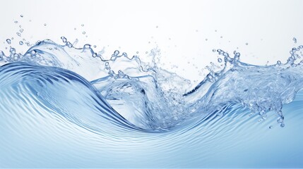 Wall Mural - Abstract blue water wave background with splashes and drops on white, creating a vibrant scene.