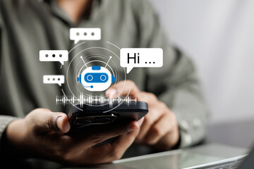 Aufkleber - AI Artificial Intelligence,Digital chatbot, Man chatting with digital assistant chatbot on mobilephone on internet application,Future of customer service man utilizes AI chatbot for instant assistance