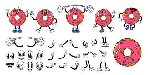Wall Mural - cartoon retro groovy donut character construction kit. retro fast food personage constructor. legs, 