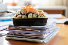 Stack Of Documents With A Sushi Bento Box On Top