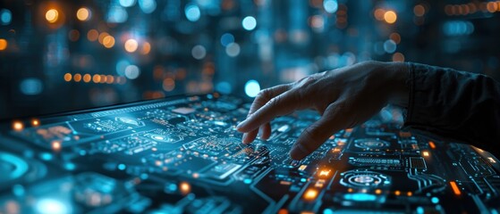 Fototapete - A human hand interfaces with a futuristic cybernetic panel, its intricate network of glowing circuits and data streams symbolizing the cutting-edge of technology and control in a digital age