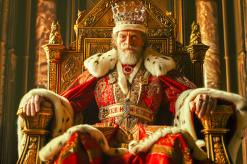 a king sitting on a golden throne wearing a crown and ermine-lined red robe.