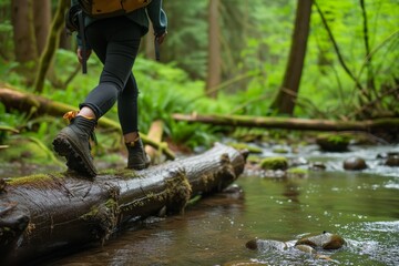 Wall Mural - person with backpack crossing a log over a creek