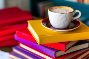 Wall Mural - red, violet, and yellow books stacked with a cup of coffee on top