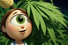 A Close-up Cartoon Girl With A Very Large One Eye On Her Face Looks At A Cannabis Bush. The Concept Of Marijuana. A One-eyed Cartoon Character On A Background Of Cannabis Leaves.