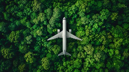 plane in Forrest, birds eye view, green ladnscape