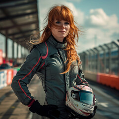 Wall Mural - photo of a race track in the city: a red-haired racer in a special suit, holding a helmet with goggles in her hand, bold energy, sunny spring day