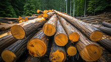 long freshly cut logs lie in the forest close-up. forestry and wood processing industry