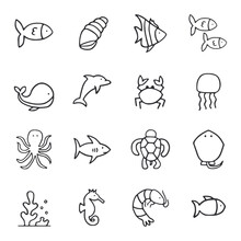 Sea Animals Hand Drawn Icon Set