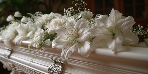 Wall Mural - A white floral bouquet adorns the coffin in a funeral setting, symbolizing grief and mourning.