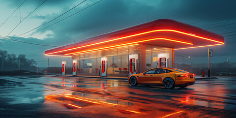 Wall Mural - Modern urban gas station at night with cars refueling under the sunset sky, combining architecture and technology.