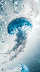 Wall Mural - Aesthetic light blue jellyfish floating against light backdrop. Ocean ecosystem concept. Generative AI