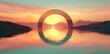 Sunset through a circular arch on the lakeshore. The concept of tranquility and natural beauty.