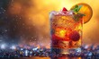 Drinks with berries and ice cubes on a blurred background.