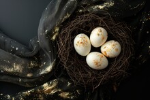 Eggs Sit In A Black-brown Nest, A Bird Nest With Three Eggs In It

