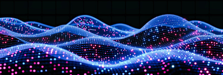 Abstract digital blue background with futuristic wave design, glowing grid science concept, particle and tech network illustration