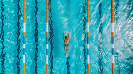 Aerial view of a swimmer in a cap in a pool with lane dividers, symbolizing competition and training for the Olympic Games in Paris