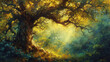 Painting of a tree with sunbeams in the background