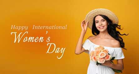 Poster - Happy Women's Day, Charming lady holding bouquet of beautiful flowers on golden background