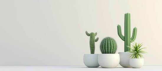 Wall Mural - Three Beautiful Potted Cactuses Arranged on a Clean White Table for Interior Decoration and Plant Lovers