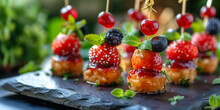Fruity Meatball Appetizers With Strawberry Blueberry Cranberry, Berries, Coctai Cherry, Mint Leaf On A Party Table With Oat Biscuit Bed