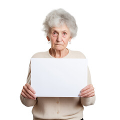 Wall Mural - An elderly person sad face while holding a piece of blank paper reserved for a message. no background. .PNG