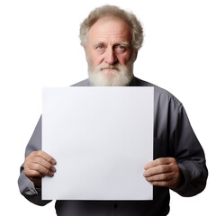 An elderly person sad face while holding a piece of blank paper reserved for a message. no background. .PNG