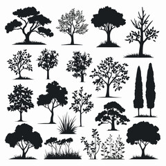 Wall Mural - Set of tree and bush silhouettes illustration vector plant silhouette collection design