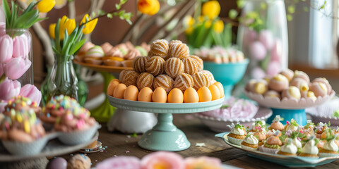 Wall Mural - Fantastic rich and colorful easter or spring birthday party table with pastries candy egg appetizer bites cupcake flowrst tulip