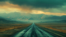 Open Highway Through A Dramatic Landscape At Dusk