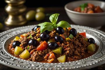 Wall Mural - Cuban picadillo with ground beef, raisins, olives, and a savory tomato sauce.