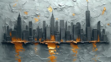 Generative AI, Grey and golden oil painted textured cityscape, impasto style, big city landscape 