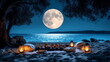 Romantic moonlit beach picnic setup with lanterns, cushions, and a spread of food under a full moon.