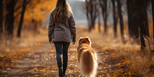 Active Young Woman With Dog On A Walk In A Beautiful Autumn Forest. Young Woman Walking Her Dog In The Park In Autumn Day