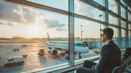 Businessman Wait for a Flight and Sit in the Boarding Lounge of the Airline, view from the airport terminal glass window with a view of an airplane.