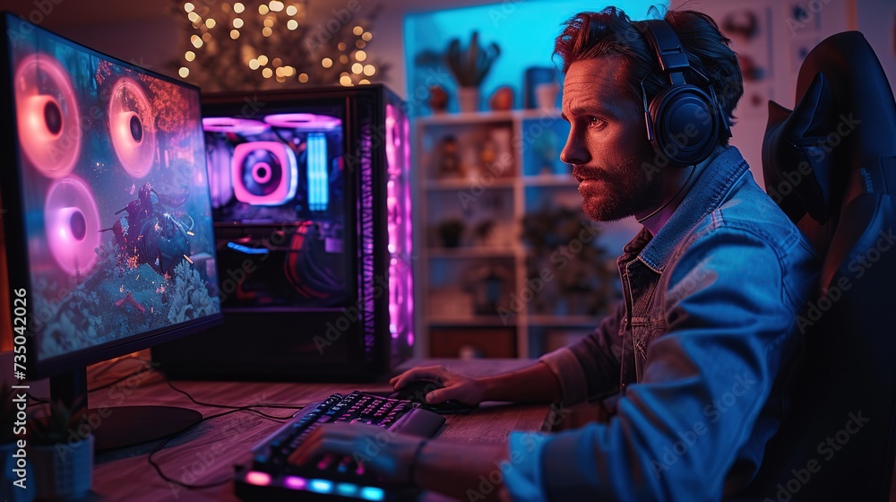 A professional gamer plays online video games on his powerful personal ...