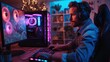 A professional gamer plays online video games on his powerful personal computer. The room and PC are equipped with colorful neon LED lights.