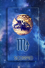 Wall Mural - zodiac picture of Scorpio or Scorpion, astrological symbol and name over blue space background with stars like astrology concept of all zodiacal signs