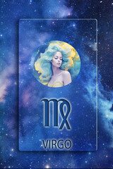 Wall Mural - zodiac picture of Virgo, astrological symbol and name over blue space background with stars like astrology concept of all zodiacal signs