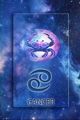 Wall Mural - zodiac picture of Cancer, astrological symbol and name over blue space background with stars like astrology concept of all zodiacal signs